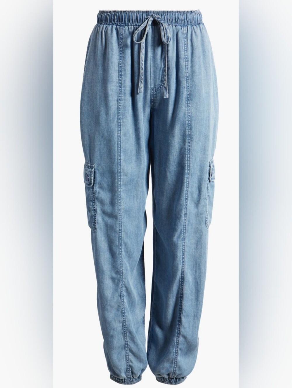 beachlunchlounge Light Blue Elastic Tie Waist Cargo Denim Jogger Jeans